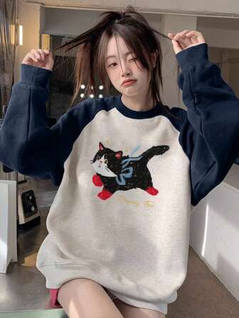 女式 Y2K 棉质撞色插肩袖罗纹宽松舒适休闲日常通勤家居服时尚圆领运动衫