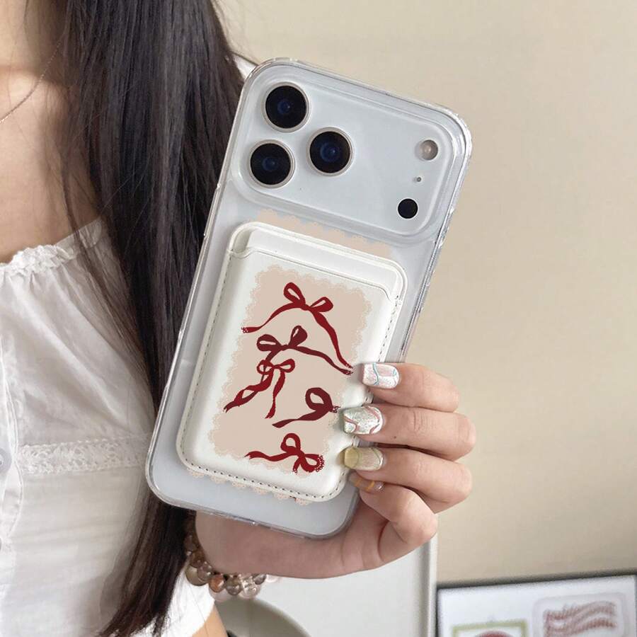 2-Piece Set Luxury Fashion Creative Shockproof Red Bow Pattern Magnetic Phone Case & Fashion Luxury Faux Leather Magnetic Multi-Functional Card Holder, Suitable For IPhone 17 Pro Max/Air/17 Pro/17/16 Pro Max/16 Pro/16/15/14/13/12/11, Magnetic Wallet Card Holder Can Hold 1-3 Cards, Such As Bank Cards, Credit Cards, ID Cards, Etc., Fashion Phone Case, Creative Design, UV Printing Design, Traveler, Student - 混合色 - 查看 1