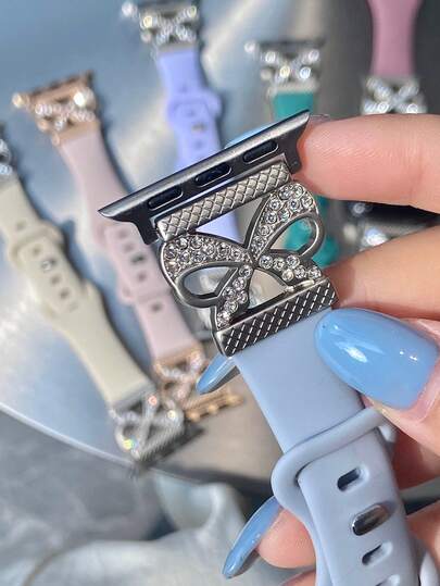 ﻿ Sparkling Rhinestone Bow Metal Watch Band Compatible With Apple Watch Dial Of 38mm 40mm 41mm 42mm 44mm 45mm 46mm 49mm - Soft Silicone Strap With Butterfly Buckle For Women And Girls, Series 1-9/SE/Ultra