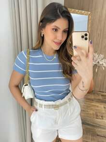 Luxury Modal High Elasticity Short Sleeve Striped Blouse - Blue - View 1