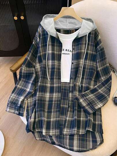 加大码格子拼接抽绳前扣连帽长袖衬衫