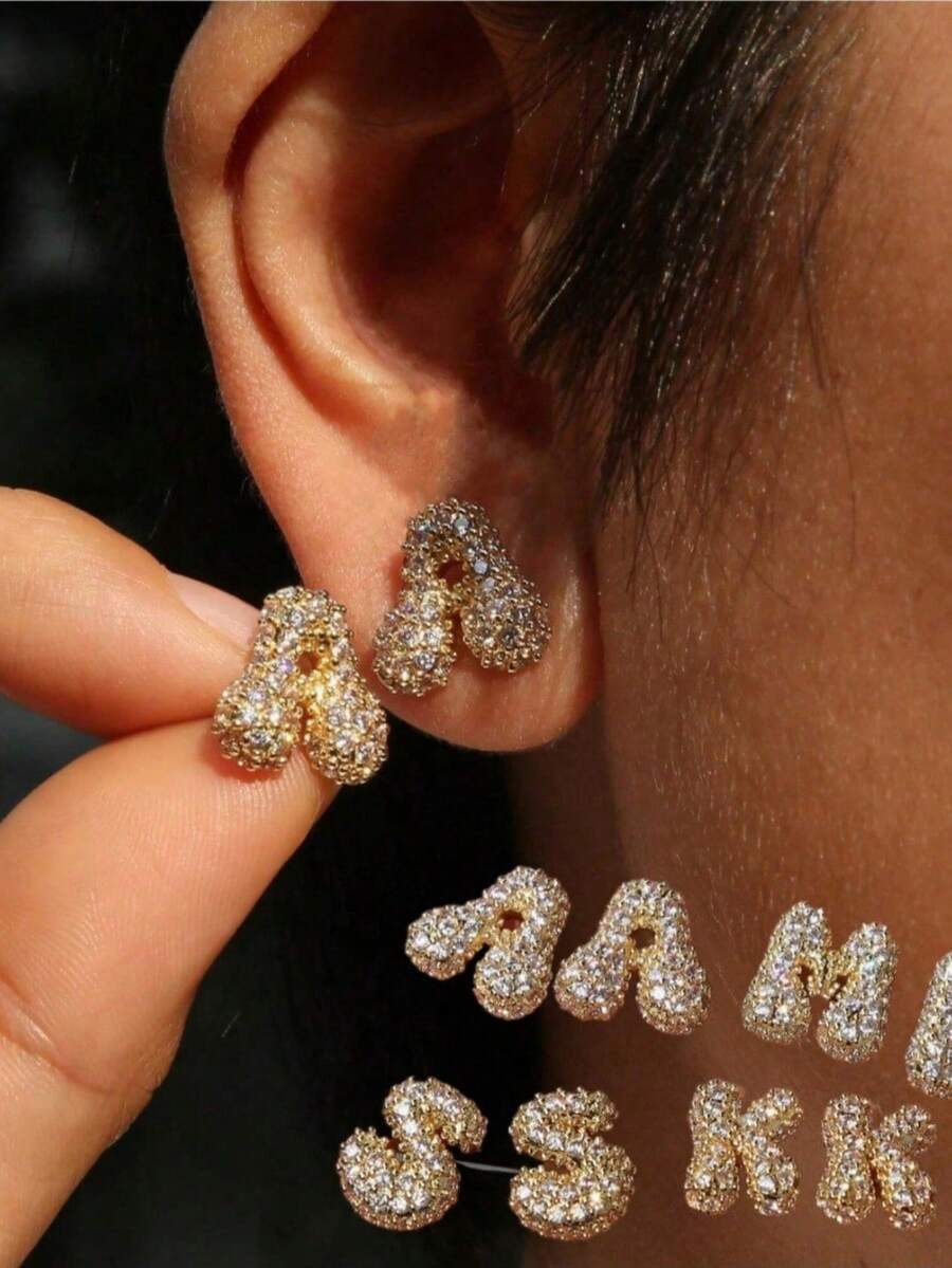 Tsnamer 1 对泡泡首字母耳钉精致泡泡方晶锆石 26 个字母 A-Z 个性化名字耳钉情人节珠宝生日礼物适合女士和女孩、妈妈、母亲、母亲节、礼物 - 耳環 - 查看 1