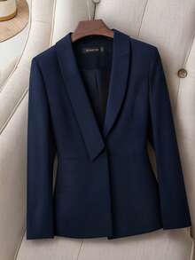 HOMEYEE Vintage Lapel Long Sleeve Casual Elegant Business Office Lady Blazer Jacket, Suitable For All Seasons - 藏蓝色 - 查看 3