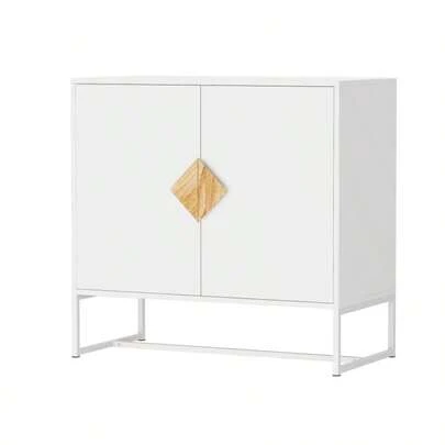 2-Door Sideboard In Solid Wood, Square Handles And Sleek Design, Living Room And Dining Room Storage Unit, Modern And Natural Style