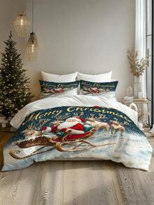 Decorațiuni de Crăciun, set de lenjerie de pat cu husă de pilotă, 2/3 buc, cu imprimeu de Moș Crăciun și reni, roșu, verde și auriu, set de pilotă, cu 1 husă de pilotă și 2 fețe de pernă, cuvertură de pat king-size, cearșaf de pat, poliester moale, prietenos cu pielea, lavabil la mașină, curățare chimică. Este potrivit pentru decorarea casei și a dormitorului, decorul camerei, decorul dormitorului, articole de decorare a camerei, set de pilotă queen-size, este un cadou bun de ziua de naștere.