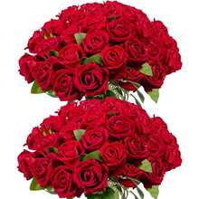 50PCS Large Velvet Artificial Roses 4.14" Real Touch Long Stem Fake Flowers In Bulk For Flower Arrangement, Wedding, Home & Party Decor (White) - Red 50pcs - View 1
