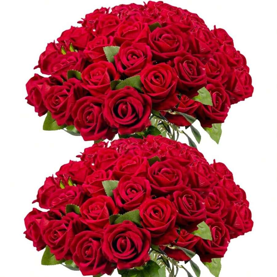 50PCS Large Velvet Artificial Roses 4.14" Real Touch Long Stem Fake Flowers In Bulk For Flower Arrangement, Wedding, Home & Party Decor (White) - Red 50pcs - View 1