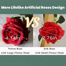 50PCS Large Velvet Artificial Roses 4.14" Real Touch Long Stem Fake Flowers In Bulk For Flower Arrangement, Wedding, Home & Party Decor (White) - Red 50pcs - View 3