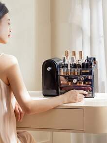 Organizador de maquillaje de acrílico, estante de almacenamiento de escritorio a prueba de polvo, soporte de tocador con estilo de cajón