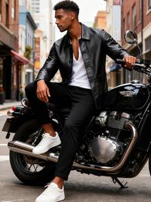Men's Leather Jacket, New Autumn/Winter Thermal Lined Thickened Fashion Lapel Leather Jacket - Black - View 7