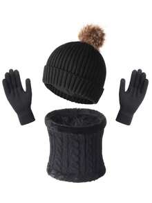 1 Set Hat, Scarf, Gloves 3-In-1 Warm Winter Set, Pom Pom Knit Hat, Touchscreen Gloves, Fleece Neck Warmer, Holiday Gift, Suitable For Daily Commute, Outdoor Skiing Winter Gear - Multicolor - View 8