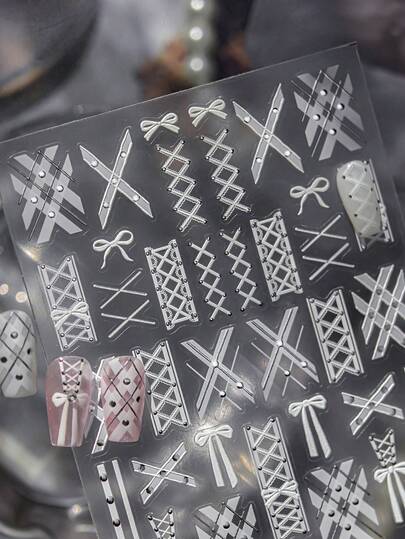 1 件法式清新风格白色绑带蝴蝶结浮雕美甲贴纸优雅 5D 纹理美甲贴花女士简约别致指甲贴纸适用于长短指甲