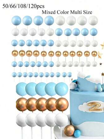 50/66/108/120 pezzi Decorazioni colorate a sfera per torte, decorazioni in schiuma per torte, inserti a forma di sfera per decorare torte, decorazioni da forno a forma di sfera per matrimoni, anniversari, compleanni, Natale, Ognissanti, Feste del Ringraziamento - Forniture per decorare torte fai-da-te (Blu, Bianco, Dorato)