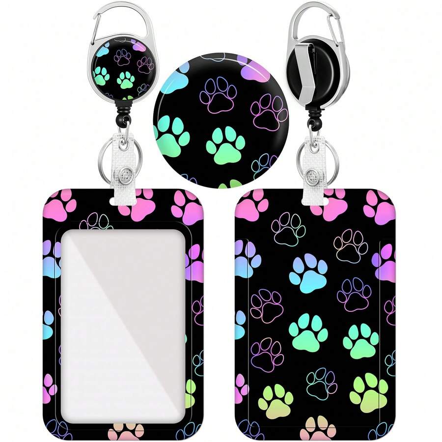 Paw Print Badge Holder With Retractable Reel, ABS Material Vertical ID Name Tag Card Protector With Heavy Duty Clip, Suitable For Office, Nurse, Medical, Teacher - Colorful Paw Design - dấu vân tay - Xem 1
