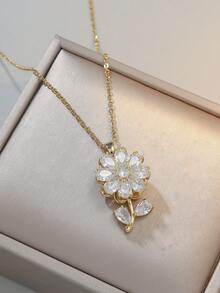 Vintage Mixed Style Sunflower Rotating Necklace Set, 360 Degree Rotating Emerald Flower Ring With Titanium Steel Inlaid Zirconia And Enamel Colorful Stone, Women Jewelry Accessories For Daily Wear/Party