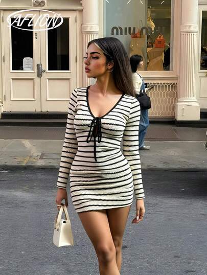 Vestido midi de manga larga con cuello en V, cintura con lazo, en unicolor, a rayas o estampados, para mujer. Vestido corto ajustado de personalidad de moda, sexy, de estilo bohemio para festivales de música.