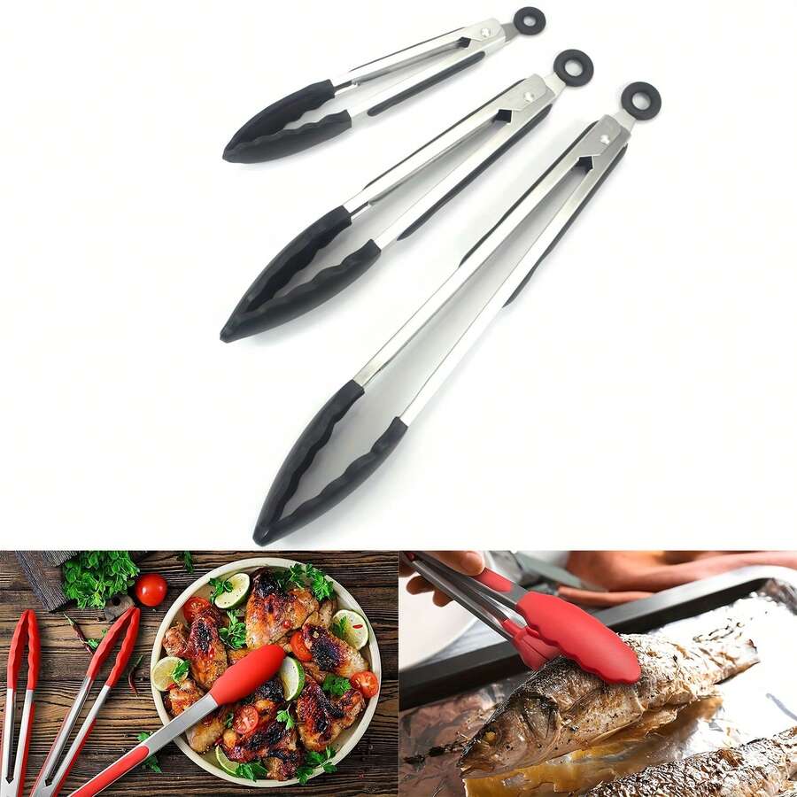 3-Piece Set Of High-Quality Stainless Steel Tongs In 3 Lengths To Suit Any Occasion. Barbecue/Blanching/Egg Tart Silicone Tongs With Non-Slip Silicone Handles. Durable Cooking/Serving Tongs For Home/Christmas/Halloween Parties/Restaurant Kitchens.