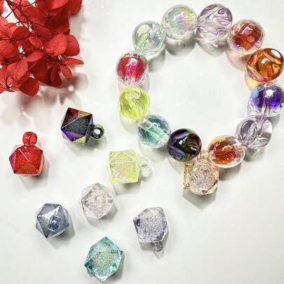 10pcs 21mm Colorful AB Acrylic Faceted Polygon Bubble Beads Pendant, Suitable For DIY Necklace, Bracelet, Bag Chain, Keychain, Phone Chain, Earrings, Hair Accessories And Home Decor