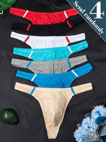 4pcs/Pack Men's Random Solid Color Soft & Comfortable Thong Underwear, Breathable & Skin-Friendly Men's Summer Thong Briefs