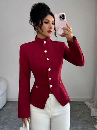 Women's Solid Color Woven Front Button Faux Pocket Casual Commuting Office Elegant Blouse, Suitable For Spring, Autumn And Winter