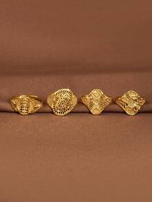 1 Pc Sandy-Gold Exquisite Hand-Carved Geometric Shape Auspicious Cloud Adjustable Beautifully Plated 24k Gold Ring Suitable For Women, Excluding Box - Square and Circle Series - View 6