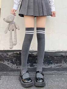 1 Pair Women Simple Versatile Comfortable Personalized Thigh High Socks, All Season, Cozy - Black and White - View 9