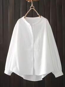 Solid Color Pleated Front Button Front Short Back Long Casual Dress Spring White - White - View 5