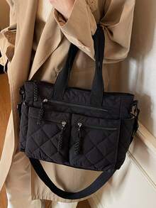 1 件黑色棉质绗缝刺绣女士手提包，多口袋实用多功能单肩包，轻便可折叠大容量手提包，大学/学校/工作/旅行包 - 黑色 - 查看 2