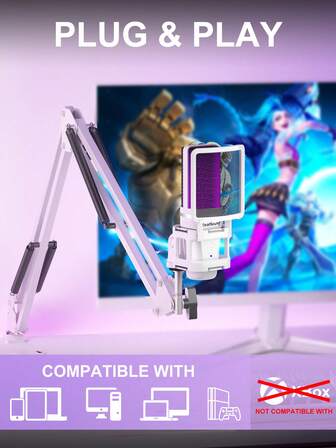  ZealSound USB A68S 电容麦克风，即插即用黑色游戏麦克风，配备 Type-C 适配器，适用于 PC，RGB 电脑麦克风，带三脚架和悬臂支架，快速静音，增益控制，适用于游戏、直播、播客、录音、ASMR，心形指向麦克风套装，适用于笔记本电脑/手机，不含 Lightning 适配器