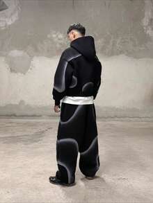 Gridborn Zip Up Hoodie / Casual Pants 3D Gradient Print Cropped Design Oversized Fit Street Style - Áo đen - Xem 4