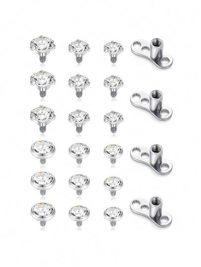 15-22Pcs Dermal Anchor Tops And Base 14G Cubic Zirconia Surgical Steel Microdermals Body Piercings Jewelry Punk Micro Internally Threaded Dermal Stud Piercing For Women Men.