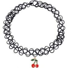 2PC Tattoo Choker Necklace - 90s Choker Necklace Women - 2000s Y2K Black Chokers Choker - Ying Yang Charms - Stretchy Elastic Necklace - Anh đào đỏ - Xem 8