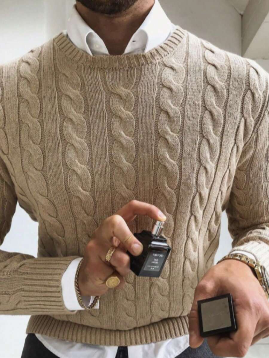 男士休闲纯色扭花圆领毛衣,适合秋冬季穿着 - 駝色 - 查看 1
