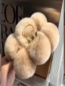 超大毛绒兔耳发夹 - 可爱泡泡造型，马尾辫夹，适合女性和女孩，配有蓬松发饰，纯色，适合秋冬季节。超大真貉子毛球爪夹，超级蓬松发爪，发夹头饰