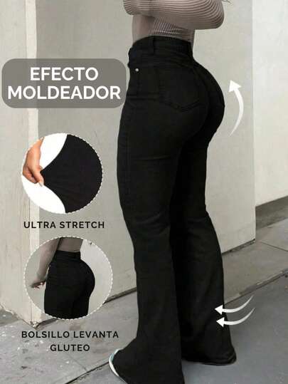 Pantalón Mezclilla Stretch Mujer Con Bolsillos Corte Campana