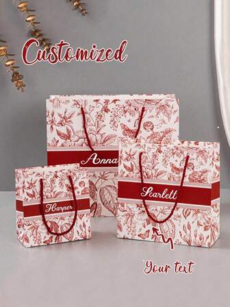 1pc Customized Vintage Red Gift Bag, Personalized Floral Paper Bag, High-End Souvenir Bag, Christmas Party Favor Bag, Customized Navy Blue & White Floral Gift Bag, Vintage Floral Tote Bag, Holiday Souvenir Bag, Bridesmaid Bachelorette Party Gift Bag, Multi-Functional, Decorative, Reusable, Elegant & Fashionable