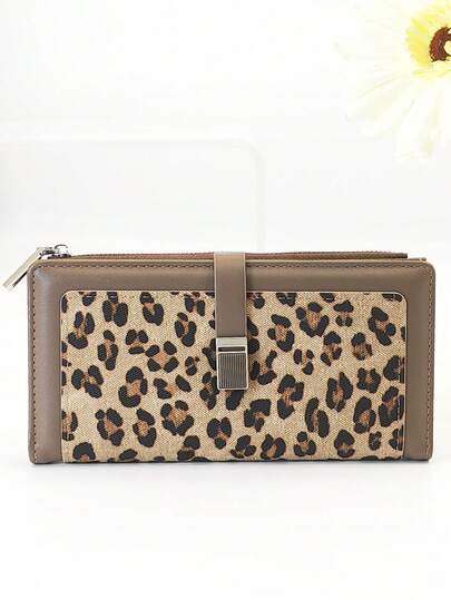 Women's Long Contrast Color Patchwork Wallet, Fashionable Leopard & Tree Grain Multi-Function Card Holder Pouch, Elegant Snap Closure Young Student Large Capacity Zipper Coin Purse, Lightweight & Convenient Carry, Suitable As Holiday Gift