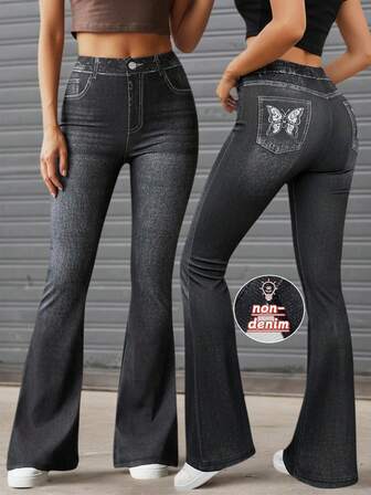 秋冬大码女式牛仔紧身喇叭裤 - 蝴蝶刺绣高腰喇叭裤，弹力舒适，适合工作、购物和万圣节/圣诞节派对