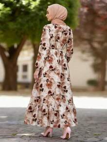 Women's Middle Eastern Style Printed Long Sleeve Dress - A-Line Round Neck Puff Sleeve With Asymmetric Hem, 100% Polyester Machine Washable, Casual To Formal Wear, All-Over Print With Ruffle Hem Tie Detail, Suitable For Spring/Autumn, Beach, Date