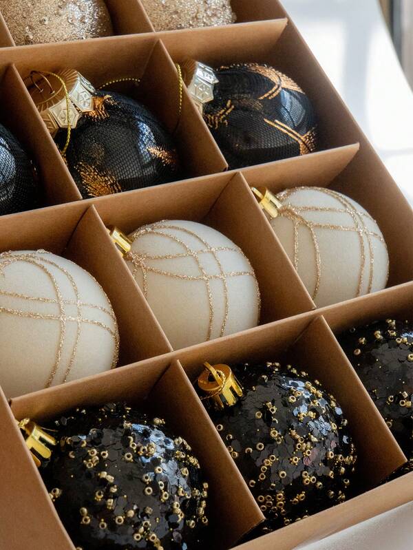 12 Stücke Luxus Schwarz & Gold Weihnachtskugel Ornament Set, Glitzer Dekor Kugeln, Weihnachtsbaum Hängedekoration, essentiell für Feiertags-Atmosphäre, Neue Kollektion 2025