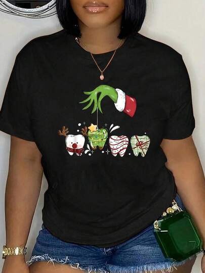 100% Cotton Tooth Dentist Dental Assistant Teeth Christmas Santa Squad T-Shirt Women's Summer Vacation Soft Tee Grahpic Vintage Casual Tops