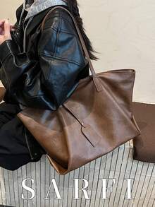 Sac fourre-tout minimaliste pour femmes, de couleur unie, convenant à tous les looks. Nouveau sac décoratif de couleur café pour l'automne et l'hiver. Sac à main et décontracté, avec grande capacité de rangement. Sac de transport léger et spacieux pour les étudiantes au quotidien. Sac de navette multifonctionnel avec fermeture éclair, en matériau PU résistant et durable. Convient pour offrir à des amis, pour le shopping, les sorties, les voyages d'affaires et les vacances. - Tabac - Voir 2