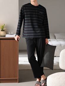 AICJ 2 件男士休闲宽松条纹圆领长袖套头衫和长裤睡衣套装，适合派对、居家、旅行、春季、秋季、冬季、秋季服装 - 黑色 - 查看 5