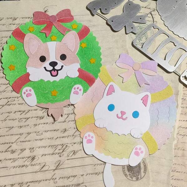 1 pièce Matrices de découpe en métal de couronnes de Noël avec chats et chiens, nouvelles matrices de découpe, pochoirs de gaufrage pour fournitures artisanales DIY, scrapbooking, modèle de moule, découpes de papier décoratif pour album photo, fabrication de cartes, décoration artisanale DIY