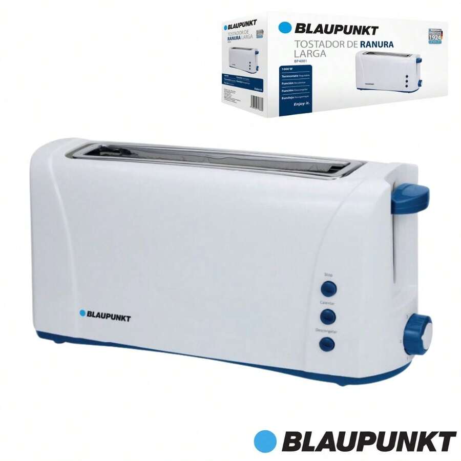 Blaupunkt 寬口烤麵包機 - 1000瓦 - 長槽。配備六檔烘烤控制、解凍和再加熱功能、取消按鈕以及可拆卸的側置麵包屑托盤，方便快速清潔。值得信賴的德國頂級品質 - 查看 1