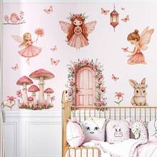 BRUP ​1/2 张仙女花园墙贴，粉色蝴蝶育儿室贴纸，可移除花仙子装饰，适用于女婴房间，儿童卧室美观墙壁艺术，防水易粘贴​