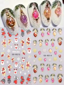 2 piezas de pegatinas de uñas 5D con relieve de Navidad en colores rojo y dorado mezclados con diseños de Papá Noel, renos, copos de nieve, estrellas, líneas, guantes navideños, luces de colores, acebo, bayas y hojas para decoración de uñas de Navidad y Año Nuevo