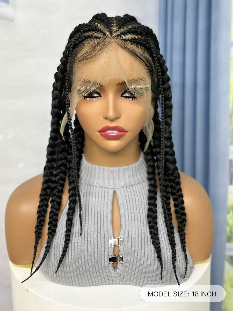 Elegant Synthetic Lace Front Wig Braided Cornrows Straight - Black - View 1