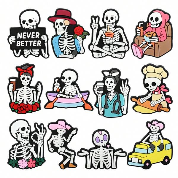 12pcs Cute Halloween Skeleton Series Shoe Charms Set, PVC Shoe Decorations For Beach Bag, Shoe Accessories Charms, Gift Idea For Birthday Christmas Valentine's Day Halloween Party Favors