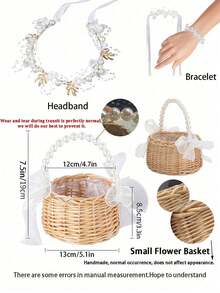 Bộ 3 món - Giỏ hoa cưới cho bé gái kèm băng đô và vòng tay, giỏ hoa thủ công mộc mạc trang nhã, giỏ đan bằng liễu gai với tay cầm và nơ đính ngọc trai, giỏ cổ tích, phụ kiện tóc cho bé gái dự đám cưới: Băng đô và vòng tay ngọc trai, thích hợp trang trí đám cưới, dã ngoại, tiệc mừng em bé và tiệc sinh nhật bé gái. - Nhiều màu - Xem 3